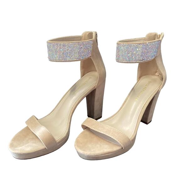 Spring Elegant Rhinestone Ankle Party Formal Nude Heels, Shoes Size 7, Pre-Owned - Picture 1 of 7